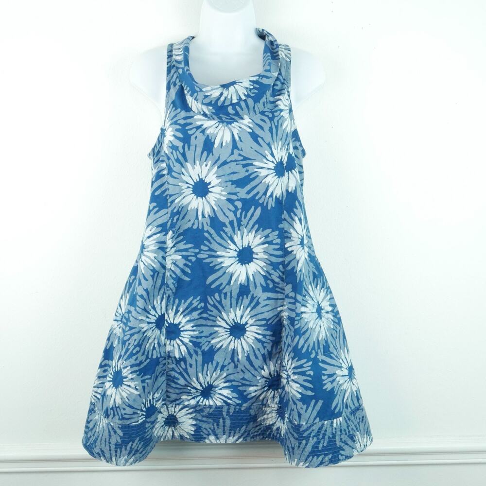 Global Mamas Eli Swing Dress Small Blue Floral Cotton Tunic Boho Relaxed Pockets